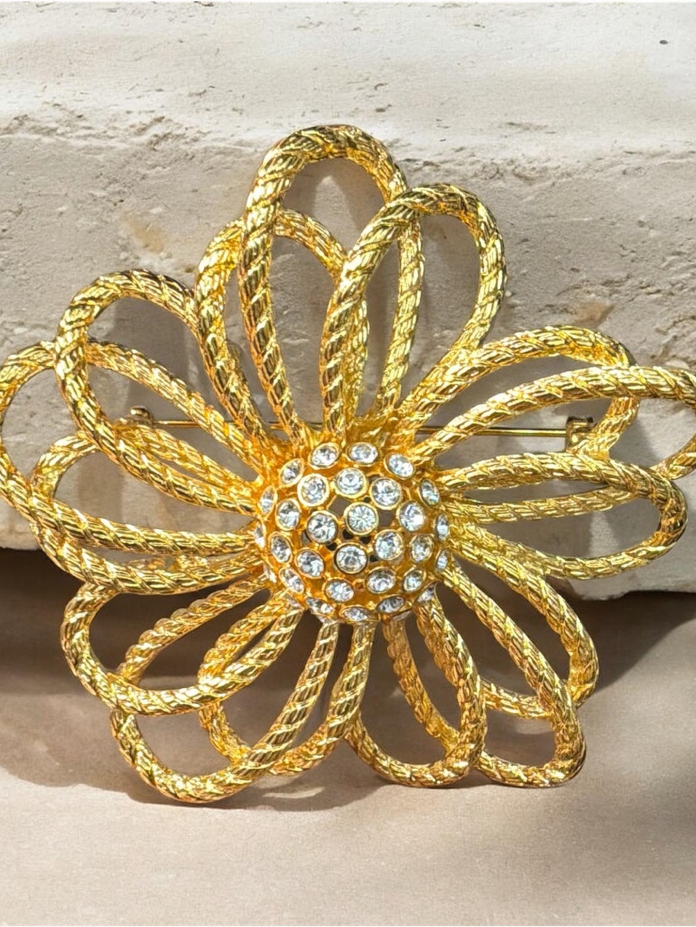Signed-Joan Rivers-Gold-Tone Rope Flower Brooch-3” Diameter Weighs 40 grams